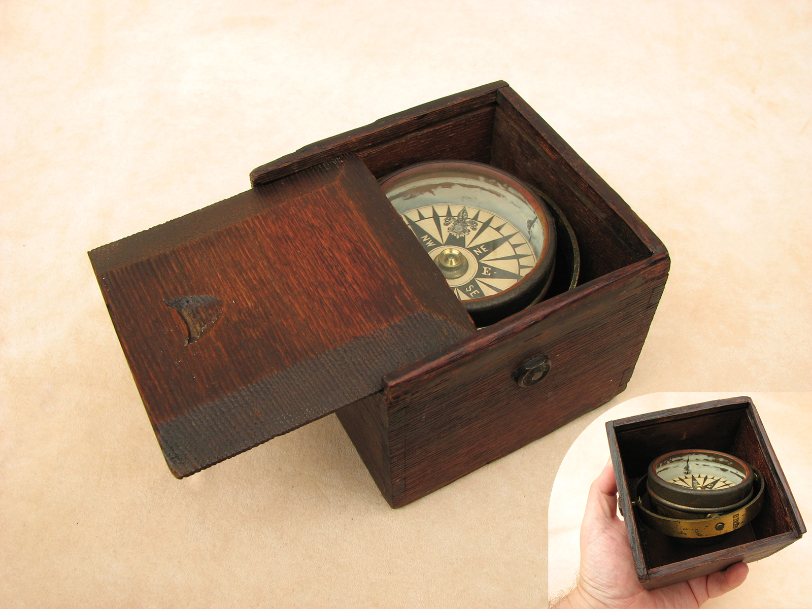 19th century Mariners gimbal compass mounted in mahogany case